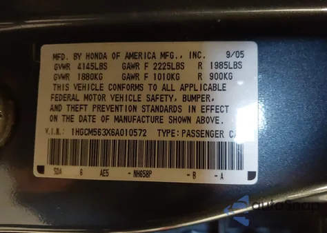 2006 Honda Accord 2.4 Se z USA, uszkodzony, nr VIN 1HGCM563X6A010572